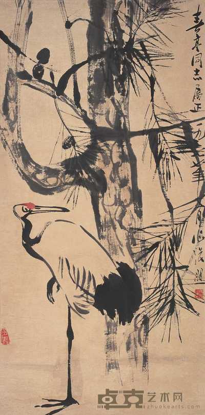 张朋 1977年作 松鹤图 立轴 119×54cm